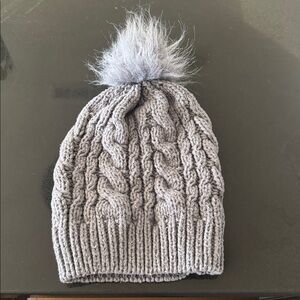 Gray Cable Knit Beanie with Pom Pom